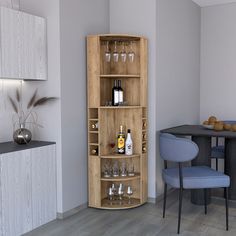 a corner cabinet with wine glasses and bottles