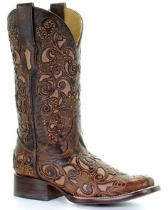 Corral Women's Brown Inlay and Stud Accents Boots - Square Toe , Brown Country Shoes Boots, Cowgirl Boots Square Toe, Cowgirl Boots Wedding, Classic Black Boots, Botas Western, Country Shoes, Bota Country, Womens Cowgirl Boots, Wedding Boots