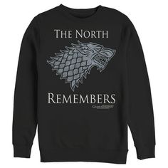 Winter is coming! Don't find yourself out in the cold without one of these officially licensed Game of Thrones styles! Even the White Walkers will seem friendlier if you're wearing a fun GOT design. Celebrate the award-winning television series, Game of Thrones, with this North Remembers Symbol Men's Graphic Crewneck Sweatshirt featuring the phrase: " The North Remembers," along with the emblematic wolf of House Stark. The night may be dark and full of terrors, but that doesn't mean your fashion Game Of Thrones Hoodie, Game Of Thrones Men, The North Remembers, White Walker, Mens Crewneck Sweatshirt, House Stark, Pull Over Hoodie, Large Clothes, Tee Outfit