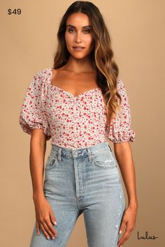 Be the eye-catching babe you are with the Lulus Beautiful Hues Ivory Floral Print Puff Sleeve Ruched Bodysuit! This woven fabric bodysuit (with red, pink, and peach floral print) creates a V-neckline and short puff sleeves with elastic at the cuffs and shoulders. Seamed bodice has a knotted accent at the center that tops a fitted silhouette with ruched sides and contrasting white knit thong bottoms with double snap closures. Hidden side zipper. Fit: This garment fits true to size. Length: Size m Mormon Outfits, Ruched Bodysuit, Puff Sleeve Bodysuit, Stylish Tank Tops, Womens Tops Summer, Summer Style Casual, Fitted Silhouette, Puff Sleeve Top, New Wardrobe