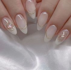 aesthetic nails girl couple matching cute adorable pretty stylish natural viral jelly rhinestones white shiny french tip different style Sparkly Pearl Nails, Simple Nail Designs Summer 2024, Budget Skincare, Nails Inspired, Milky Nails