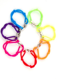 six different colored bracelets with metal clasps on each side and an open loop around them