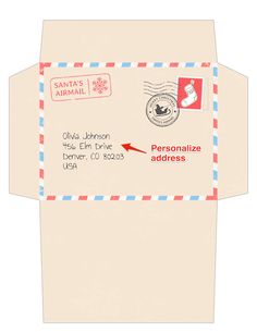 an envelope with a red arrow pointing to the letter on it and a postage stamp that says personalize address