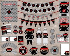 an image of birthday party decorations for boys with ninjas and stars on the banner