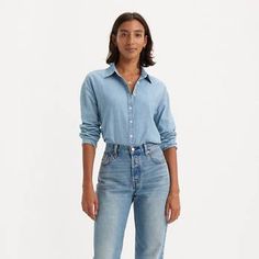 Odessa Long Sleeve Shirt - Light Wash | Levi's® US Timeless Button-up Summer Shirt, Timeless Button-up Shirt For Summer, Timeless Button-up Top With Buttons, Effortless Collared Shirt With Button Closure, Classic Shirt With Back Button Closure And Relaxed Fit, Classic Fall Shirt With Back Button Closure, Relaxed Fit Blouse With Button Cuffs For Casual Gatherings, Casual Relaxed Fit Tops With Back Button Closure, Timeless Spring Tops With Button Closure