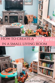 a living room filled with toys and bookshelves next to a tv on top of a wooden entertainment center