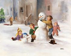 children playing with a snowman in the snow