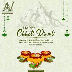 happy chhat diwali greeting card with two candles and mountains in the background