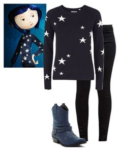 a woman in black and white outfit with stars on her sweater, leggings and boots