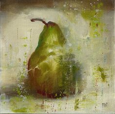 a painting of a green pear on a white background