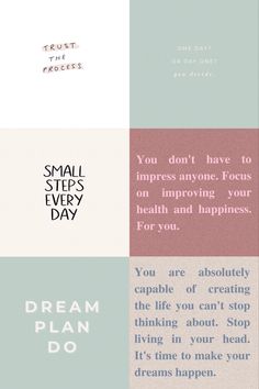 four different color blocks with the words dream plan do and small steps to happiness on them