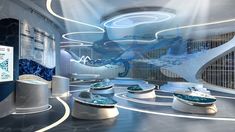 an artistic rendering of a futuristic office with blue and white decor, including round tables