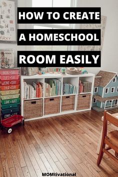 How to create a homeschool room easily with books and a reading center for preschool kids in the background Organizing Homeschool Room, Playroom And School Room Ideas, Preschool Room At Home, Homeschool Room Small Space, Diy Home Classroom Ideas, Home School Room Ideas For Kids, Small Homeschool Corner, Home School Room Classroom Setup, Homeschooling Classroom Setup