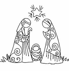 the nativity scene is outlined in black and white, with two people standing next to each other