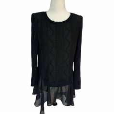 Vintage Elegant Prosper Black Sweater Adorable top/tunic Sweater with lace covered bodice, sheer side inlay and semi sheer skirting at hemline Subtle padding at shoulders Long sleeves with slight glitter This top/sweater/tunic makes an amazing statement! Size - small - tag says 3 but measurements are more like a small IMO Plaid Pleated Skirt, Sweater Tunic, Top Sweater, Knit Tunic, Pullover Sweater Women, Vintage Elegant, Chunky Knits Sweater, Black Sweater, Textured Knit