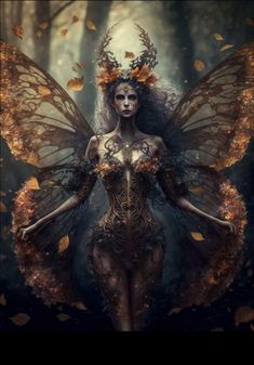 a woman with wings and leaves on her body is standing in the middle of a forest