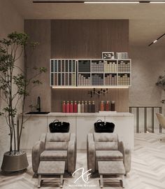 two chairs in front of a bar with bottles on the shelves and a potted plant