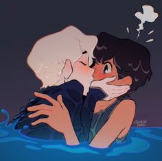 two people are kissing in the water with their heads touching each other's shoulders