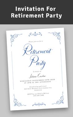 a blue and white retirement party card with the words retirement party written in black ink