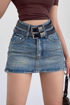 Girls Skirts Fashion, Denim Dress Style, Hot Skirts, Denim Pattern, Double Belt, Clothes Korean Style, Denim Fashion Women, Micro Skirt, Womens Denim Dress