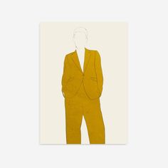 a drawing of a man in a yellow suit with his hands in his pockets, standing against a white background