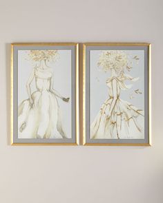 two framed art pieces on the wall in a room with white walls and gold trimmings