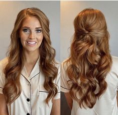 two pictures of a woman with long, wavy hair and wearing a white shirt smiling at the camera