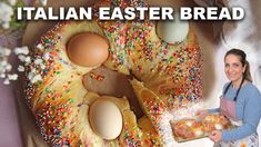 a woman is holding a tray with some bread and eggs on it in front of an advertisement for the italian easter bread