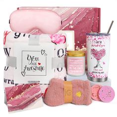 the pink gift box contains items for women