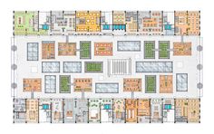 the floor plan for an office building with multiple floors and several different rooms, all in orange