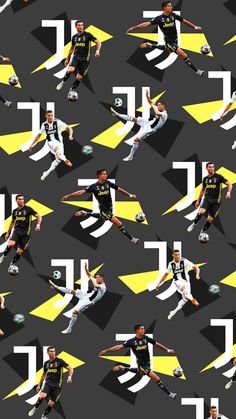 an image of soccer players in motion on a black and yellow geometric background with white letters