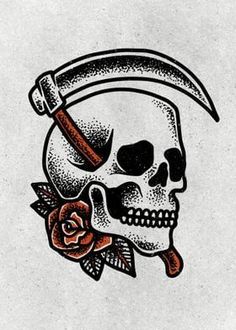 a drawing of a skull with a knife in it's mouth and a rose on the other side