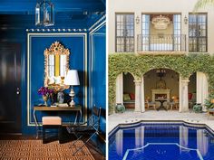 the inside and outside of a house with blue walls, windows, and an indoor swimming pool