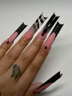 Long Black Acrylic Nails Designs, Nails Design With Rhinestones, Stiletto Nails Designs, French Tip Acrylic Nails