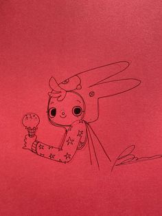 a drawing of a girl holding an ice cream cone on a red paper with writing underneath it