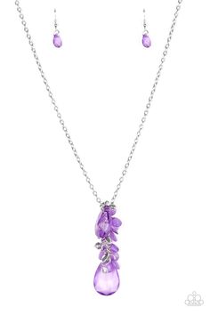 Varying in size, purple crystal-like teardrops and faceted silver teardrops trickle along a shimmery silver chain, creating a flirty tassel. Glittery white rhinestones are sprinkled along the colorful beading, adding a splash of sparkle to the whimsical palette. Features an adjustable clasp closure. Sold as one individual necklace. Includes one pair of matching earrings. P2WH-PRXX-316XX Pink Jewels, Boss Life, Long Necklaces, Purple Necklace, Cluster Necklace, Summer Necklace, Paparazzi Accessories, Teardrop Necklace, White Rhinestone