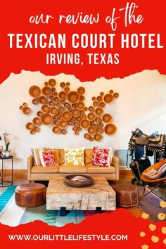 Photo of the lobby of the Texican Court Hotel in Irving Texas.  A leather couch is pictured with bright red and yellow pillows.  A wall mural made from clay pots is above in this warm and welcoming space. Texas Adventure, Alamo Drafthouse, Texas Destinations, Tequila Bar, Visit Texas, Family Travel Destinations, Texas Travel, The Golden Age