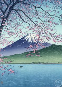 a painting of a mountain with pink flowers in the foreground and a body of water below