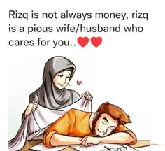 a man and woman laying on top of each other in front of a sign that says rig is not always money, rzq is a plus wife / husband who cares for you