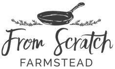 the logo for from scratch farmstead, with an image of a frying pan and sprigs