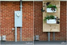 two different pictures of the same planter on a brick wall