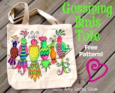 a tote bag with three colorful birds on it and the words, gussing bags sale free pattern