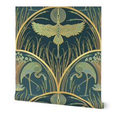 an art deco wallpaper with birds and plants in gold, green, and blue