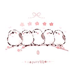 four little birds sitting on a branch with pink flowers in the background and text below