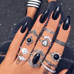 5.5 - 7 Inches Bright Summer Acrylic Nails, Harry Styles Nails, Crescent Ring, Black Opal Stone, Ring Sets Boho, Black Stone Ring, European Wedding, Stacking Ring Set, Silver Ring Set