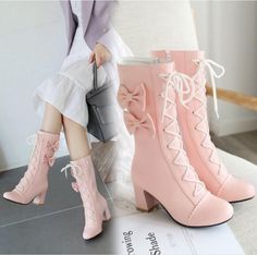 Material:+PU, Sole+Material:+Rubber, Color:+white,+pink,+black, Size:+35,36,37,38,39,40,41,42,43, Eu35+=+225mm/8.86(in), Eu36+=+230mm/9.05(in), Eu37+=+235mm/9.25(in),  +Eu38+=+240mm/9.44(in), Eu39+=+245mm/9.65(in), Eu40+=+250mm/9.84(in), Eu41+=+255mm/10.03(in), Eu... Sepatu Platform, Japanese Fashion Kawaii, Party High Heels, Glamour Vintage, Girls High Heels, Elf Clothes, Dr Shoes, Bow Boots, Pink Boots