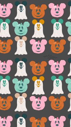 mickey and minnie mouse faces on grey background with orange, pink, green, blue, and white colors