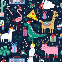 an image of a pattern with animals and christmas items on it's blue background