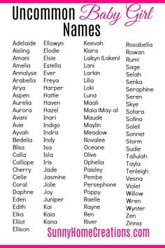 an uncommon baby girl name list with the names for each child in pink and white