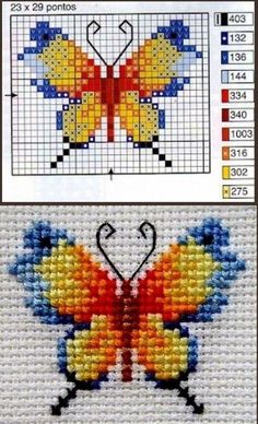 two cross stitch pictures, one with a butterfly on it and the other with a heart